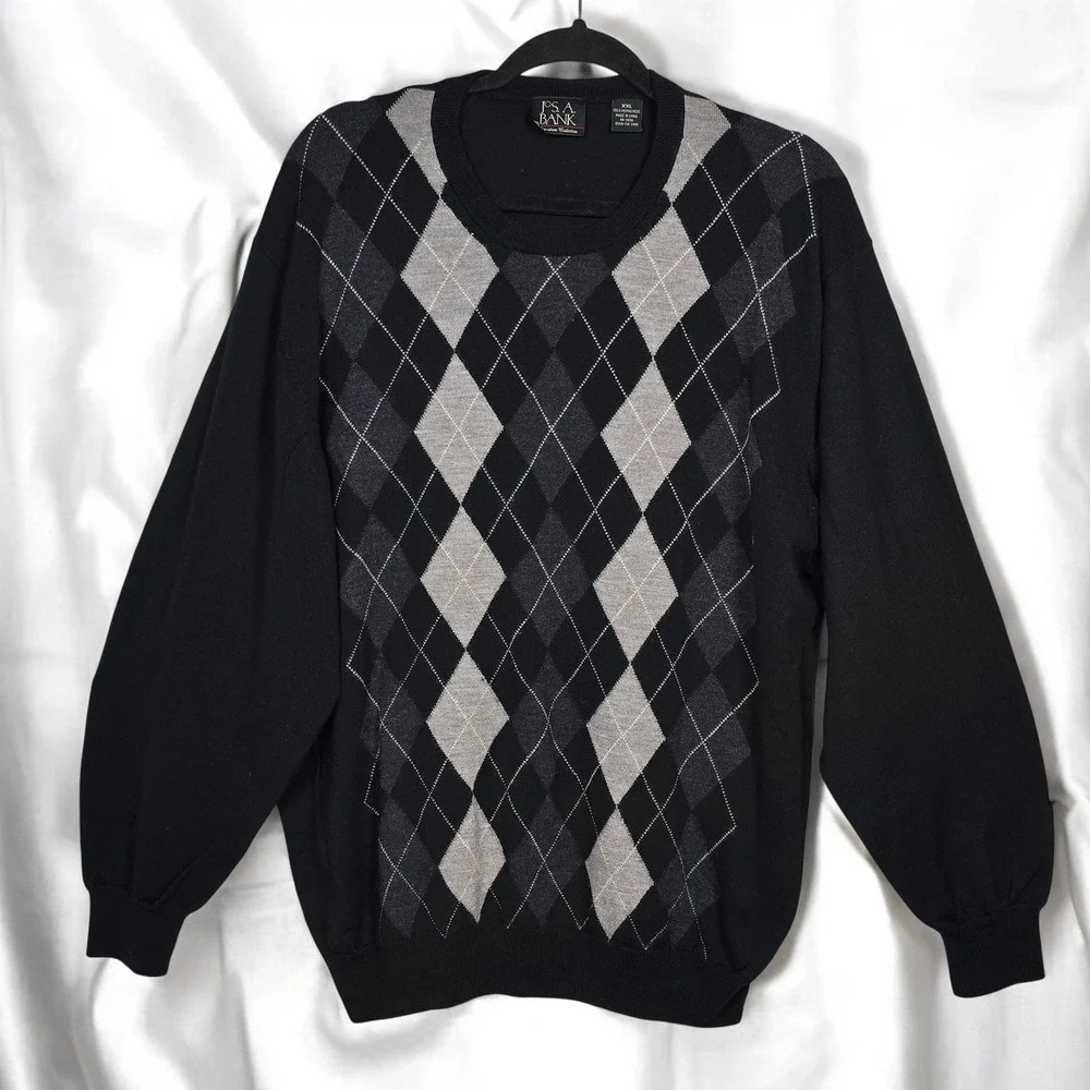 Jos A Bank Signature Collection Black Argyle 100% Merino Wool Sweater‎ XXL